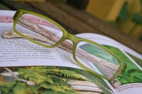 green glasses lying on top of a garden book