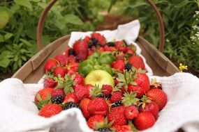 strawberries and apples in basket outdoor