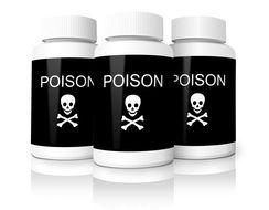 three bottles labeled "poison" and with a skull pictures