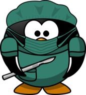 drawn penguin in the operating room with a scalpel