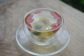 tea with wolfberry and chrysanthemum in a transparent cup