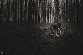 lonely wheelchair in the dark forest
