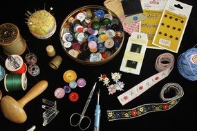 buttons, threads, needles, scissors and more for sewing