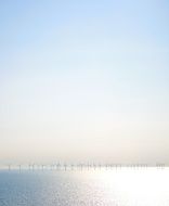 Landscape of wind energy towers on a ocean at the sunlight