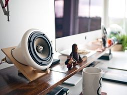 speaker on wooden shelf