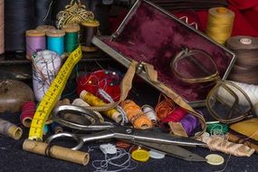 still life of yarn buttons substances textile and craft