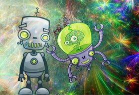 drawn robot and alien in space