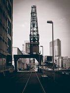 Black and white photo of a port crane in Dusseldorf