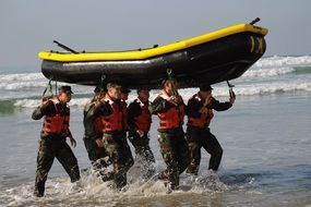 Military training on the boat on the sea