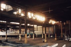 storage of boats in an industrial warehouse