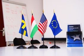 international company, row of state flags on table