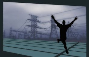 winner, conceptual drawing, black male silhouette at power lines