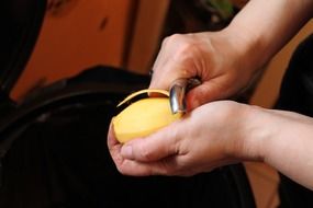 Kitchen worker peels potato