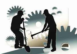 workers, two men with tools, poster