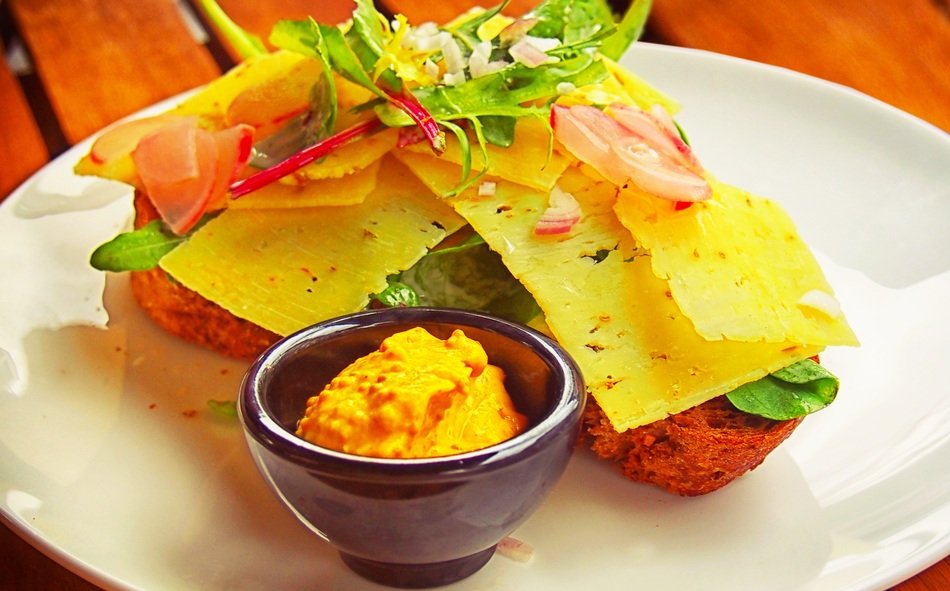 dish of cheese, salad and mustard for dieting