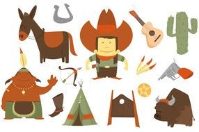 drawn cowboy, indian, horse and wild west symbols