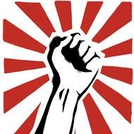 drawn fist on a striped background