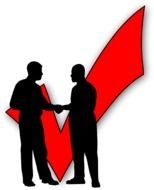 silhouette of two men on a background of red checkmark