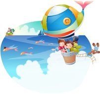 Cartoon kids on hot air balloon above sea