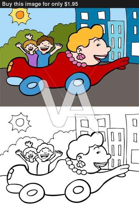 Cartoon Image Of A Mobile Mom Driving Kids Around Town Color And