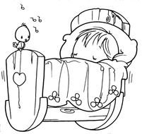 Black and white drawing of the sleeping baby with the singing bird clipart
