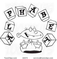 Black And White Cartoon Playing With Blocks