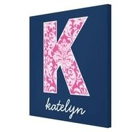 Hot Pink Letter K Navy And Damask Pattern Monogram
