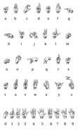 Sign Language alphabet, set of gestures, black and white drawing