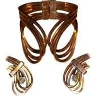 Vintage Copper Signed Renoir Bracelet And Matching Earrings From