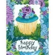 birthday card with cupcake and flowers