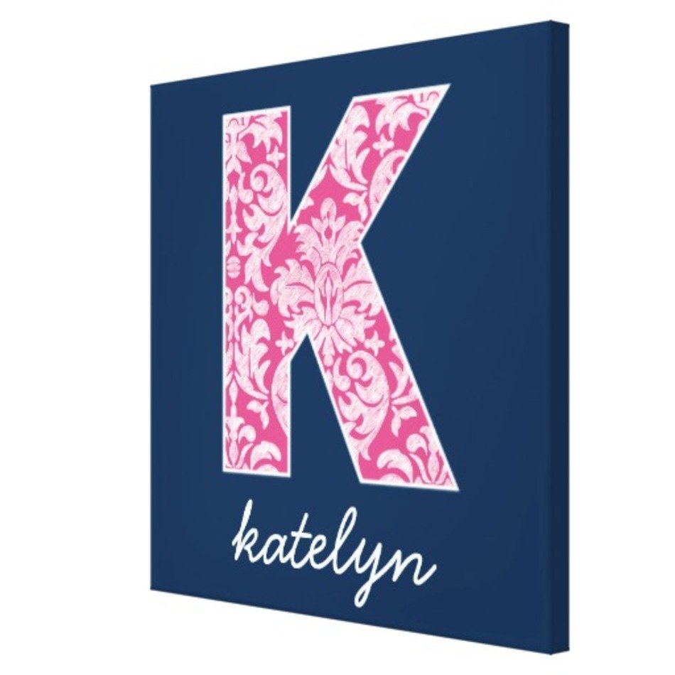 Hot Pink Letter K Navy And Damask Pattern Monogram