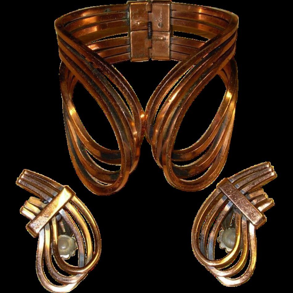 Vintage Copper Signed Renoir Bracelet And Matching Earrings From