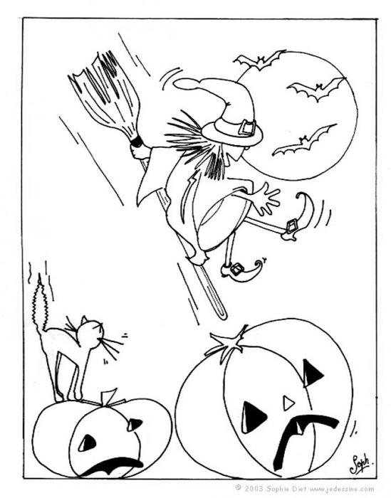 drawing of a witch next to pumpkins