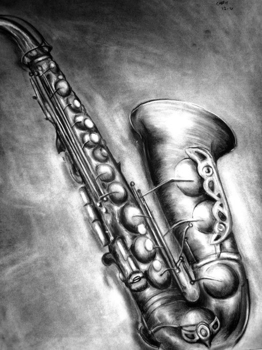 Saxophone, drawing, black and white Wallpaper