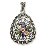 Sterling Silver Multicolor CZ amp Marcasite Antiqued Teardrop Pendant