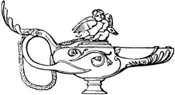 antique oil lamp with cherub, outline