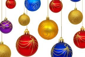 golden, red and blue Christmas balls at white background