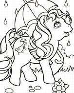 cute pony with umbrella under rain, Coloring Page