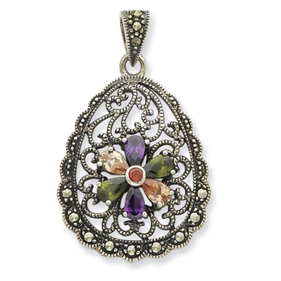 Sterling Silver Multicolor CZ amp Marcasite Antiqued Teardrop Pendant