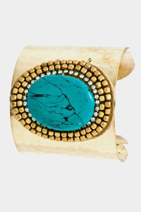 Metallic Oval Beaded And Rhinestone Ornate Stone Cuff Bracelet CA Lead