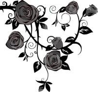 Black and white drawing of the roses with the leaves black leaves clipart
