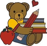 painted teddy bear with a stack of books, a pencil and a red heart