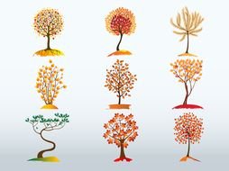 nine colorful cartoon trees