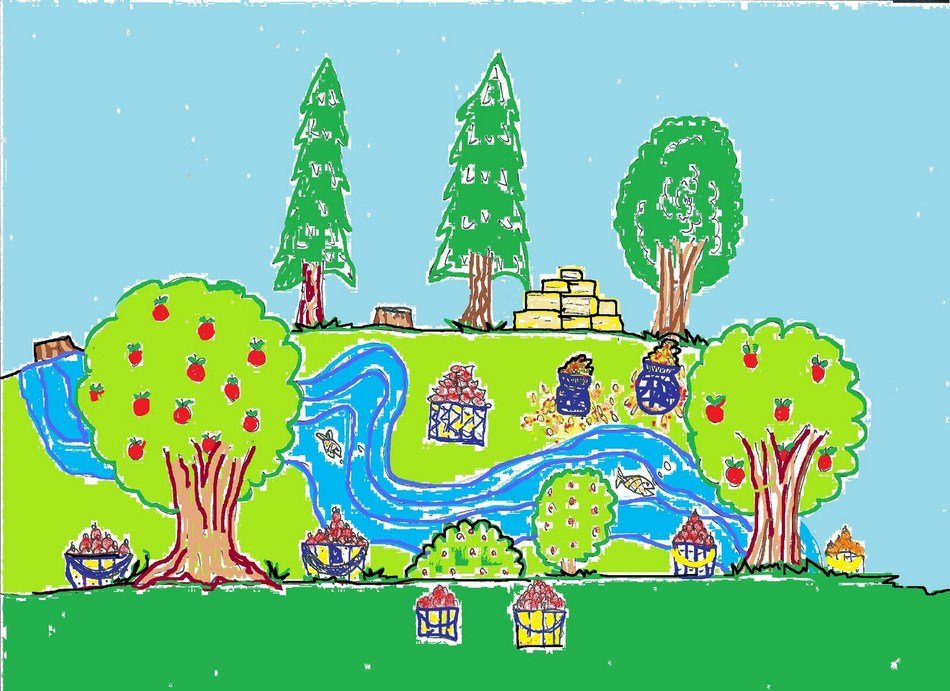 children's drawing of green trees near the river
