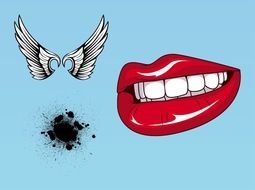 painted red lips, white wings and black spot on a blue background