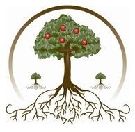painted apple tree and two green trees