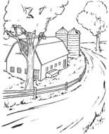 black and white drawing of a road near a barn