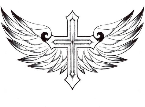 Cross with Wings, balck and white Tattoo Design free image download