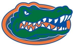 painted green crocodile head in an orange circle