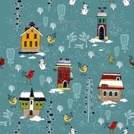 Winter Houses White Black Background Seamless Elegant